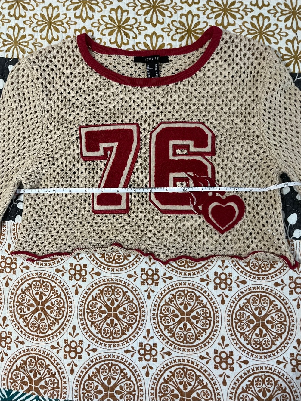 Forever 21 Cream Crochet Crop Top with Red Trim and 76 Patch - Picture 4 of 8